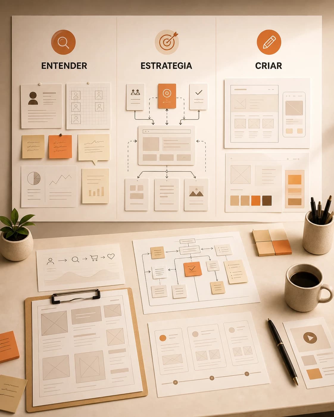 Bastidor estratégico com diagnóstico, fluxos, wireframes e direção visual antes da criação do produto digital