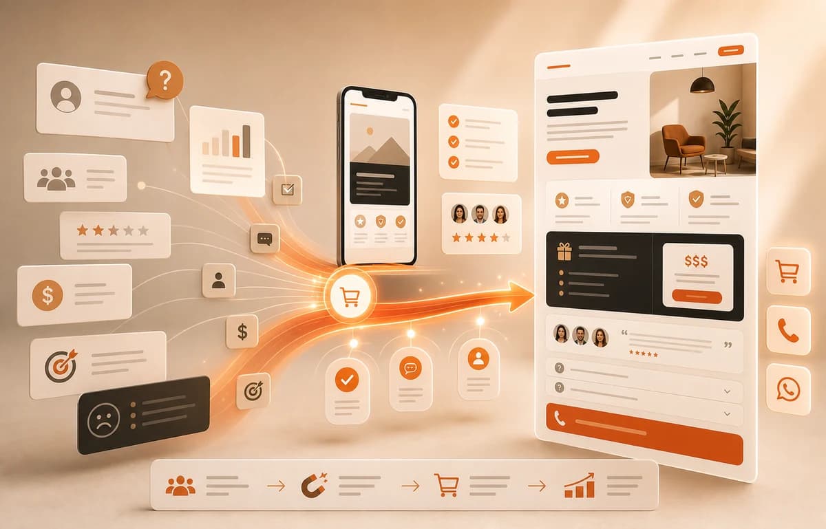 Composição de landing page em smartphone com blocos de conversão, oferta e prova social.