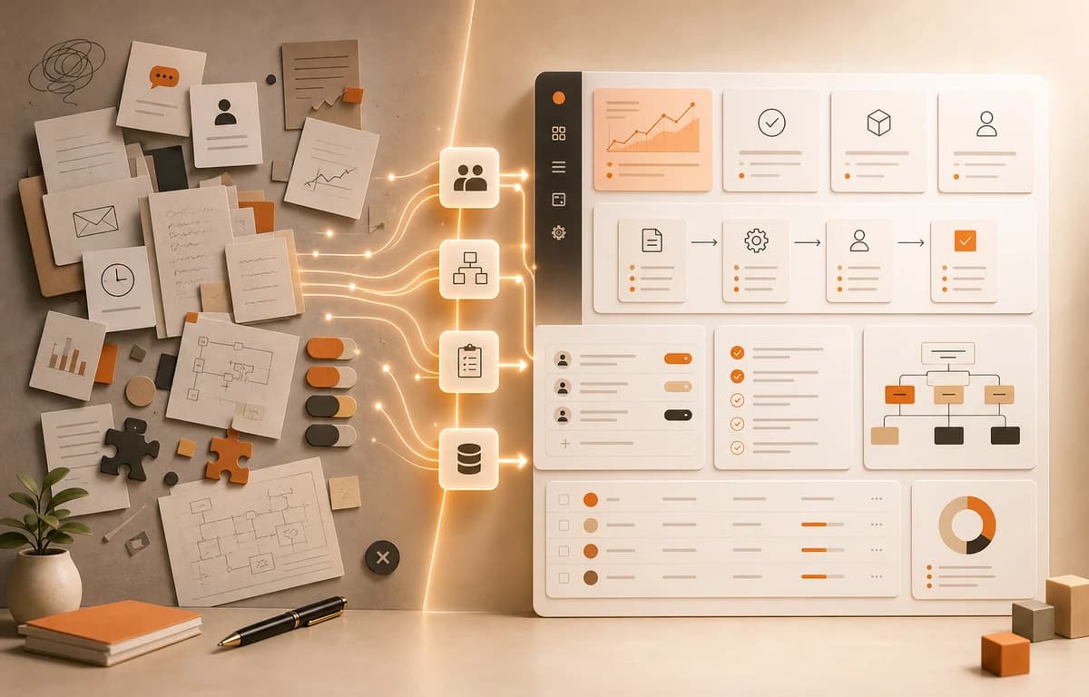 Mesa estratégica com tablet, dashboard e fluxos de processo para solução sob medida.